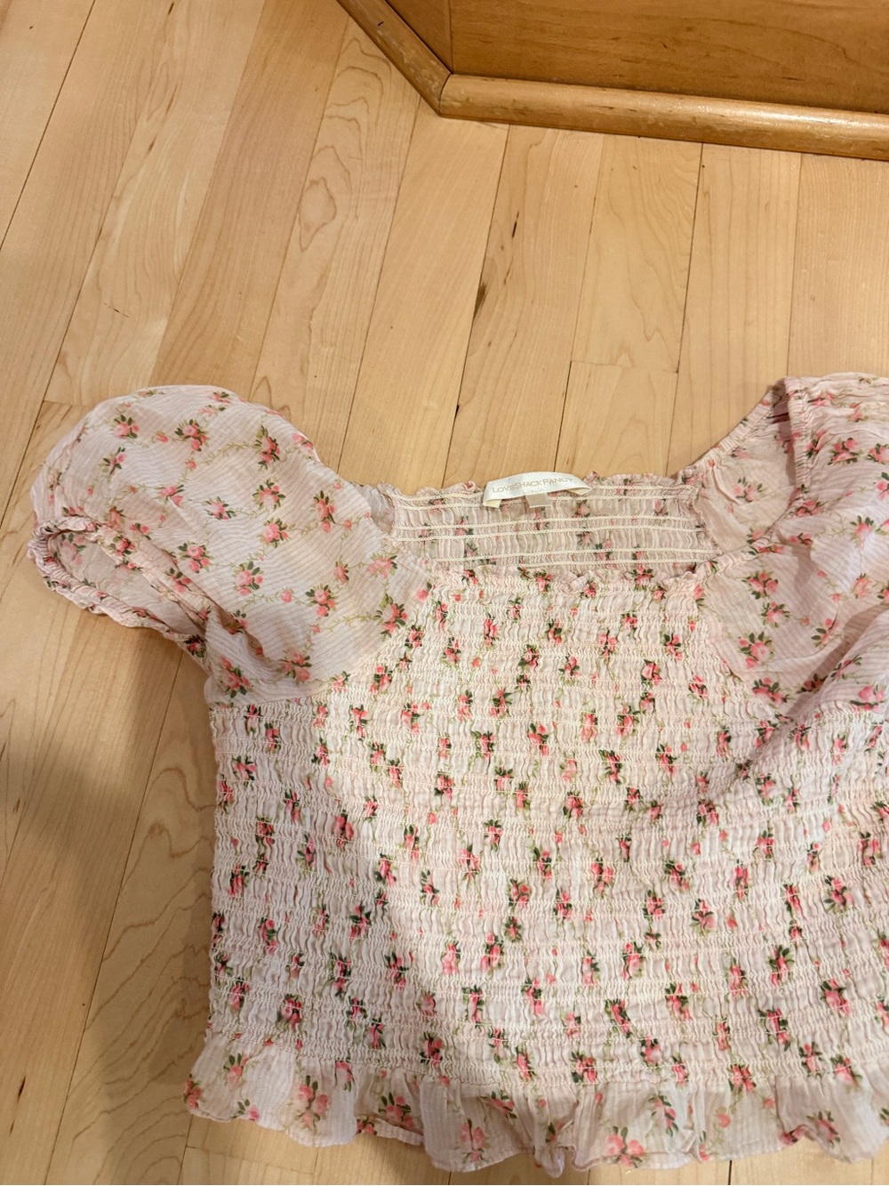 Love shack fancy Smocked Floral Puff Sleeve Top - Pink